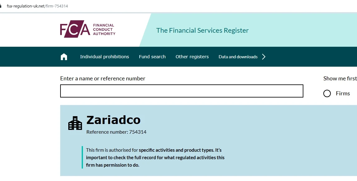 Ссылка на фальшивую лицензию zariadco.com на фальшивом сайте FCA